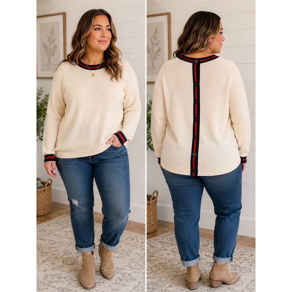 Boden XL Ivory Cashmere Blend Sweater Button Back Navy Red Stripe Trim